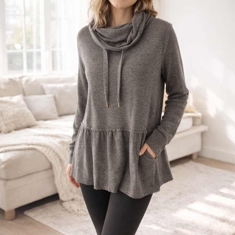 AnyBody Cozy Cowl Neck Tunic Top Peplum Hem Lounge Soft Knit M